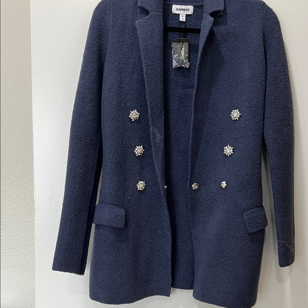 Express Women's Midnight Blue Blazer with Embellished Buttons